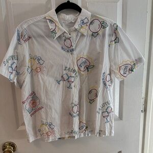 White Button-Up Shirt with Colorful Fruit & Wine Motifs